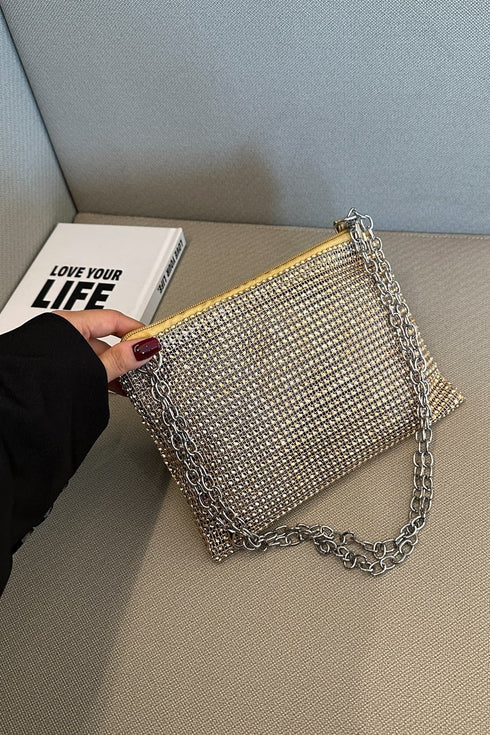 'Aya' Metal Chain Rhinestone Crossbody Bag - Celes Fashion